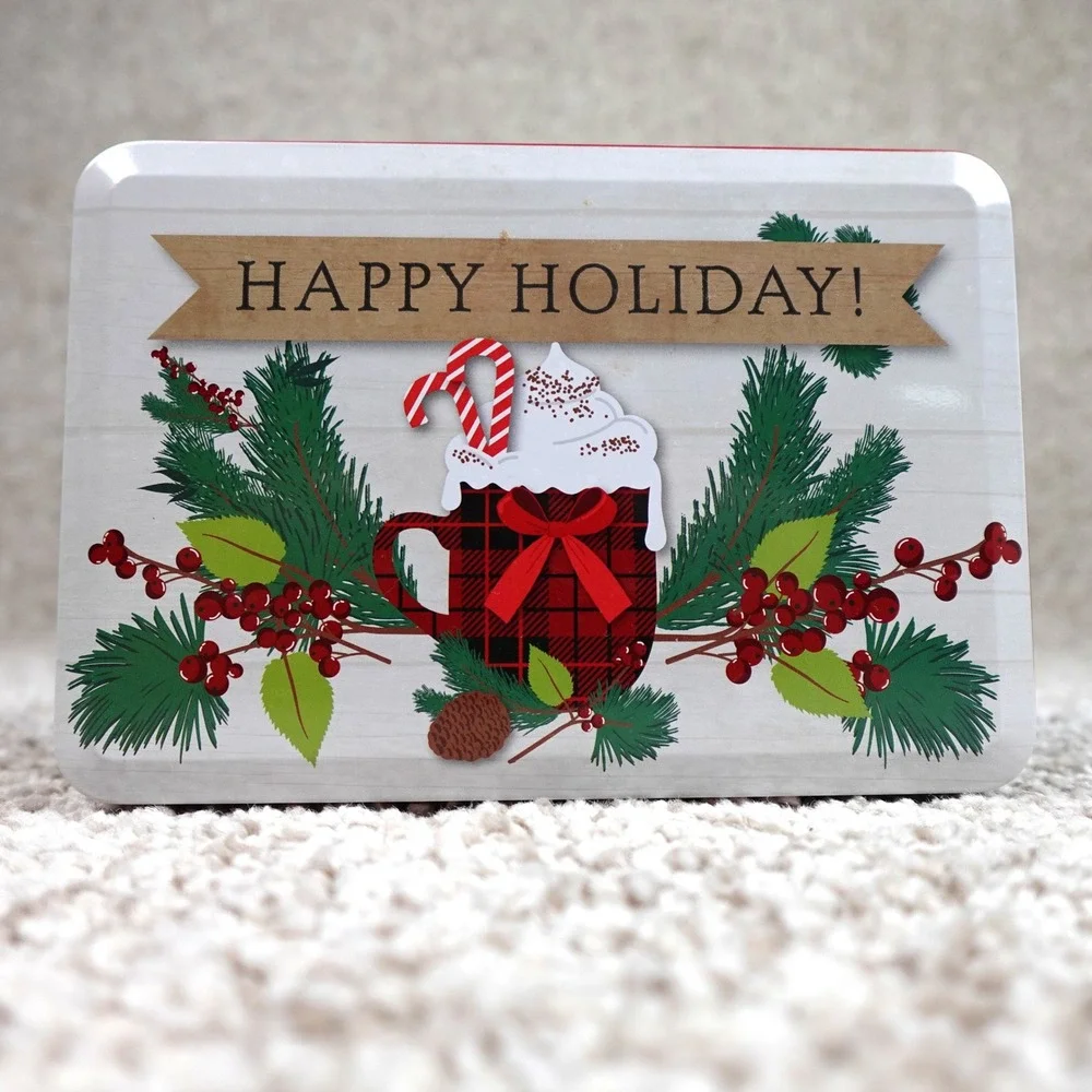 Greenbrier Happy Holiday Buffalo Plaid Cocoa Mug Christmas Metal Gift Tin Box